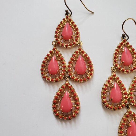 Resin Teardrop Chandelier Earrings Candy Pink & Gold Tone Rhinestones Dangly - Picture 5 of 6